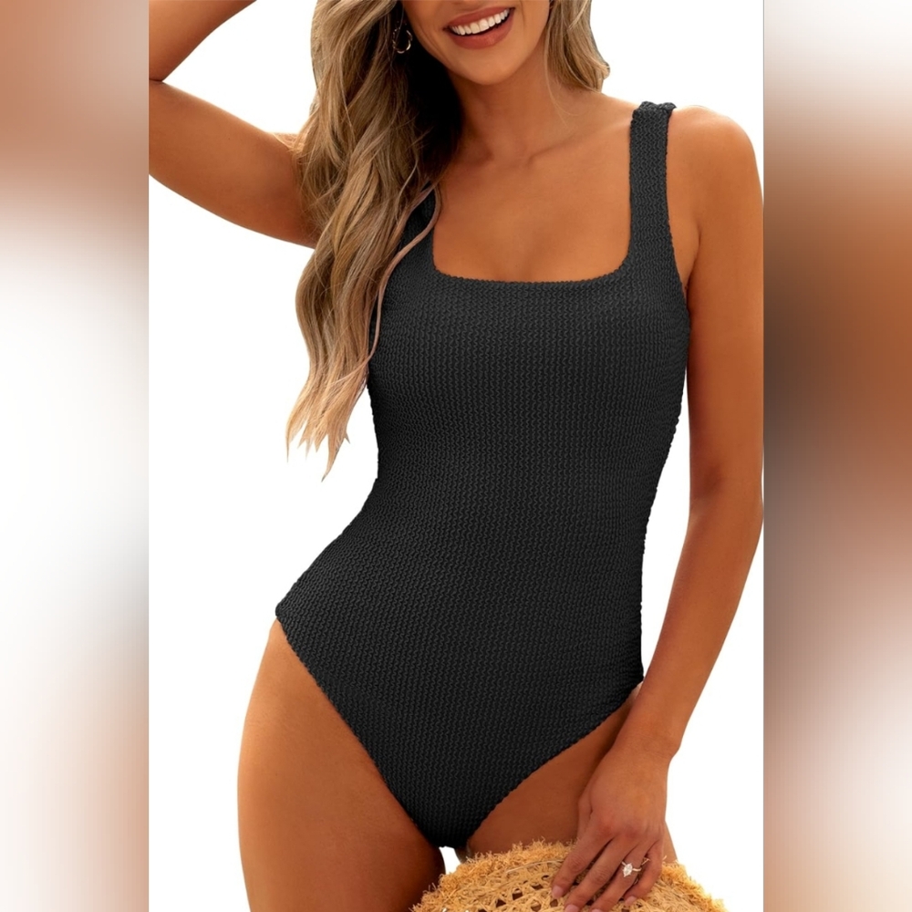 ANRABESS One Piece Swimsuit Square Neck Low Back Solid Black Textured Size XXL